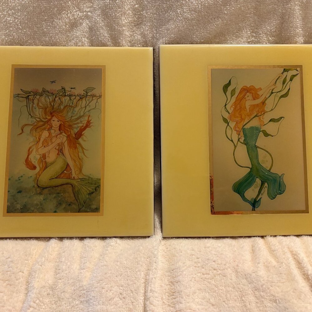 2 Vintage Mermaids by Karen Bagnard Original Artwork Signed Ceramic Tiles 8"x8"